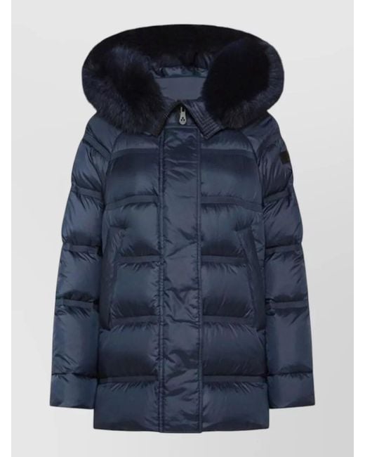Peuterey Blue Hooded Jacket Fur Trim Long Quilted Pockets
