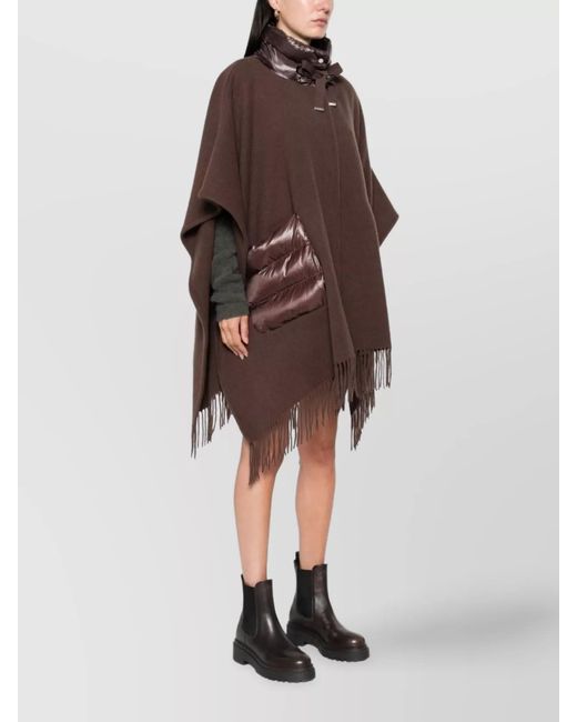 Herno Brown Fringed Poncho With High Neck And Hood