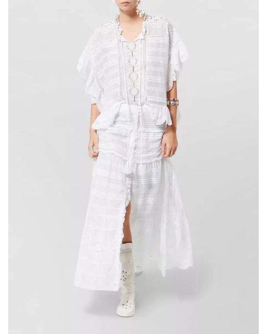 Isabel Marant White Lace Dress Striped Pattern Ruffled Hem Tassels