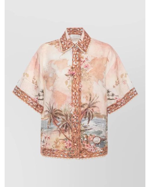 Zimmermann Pink Linen Crewneck Shirt Lace Bead Trim