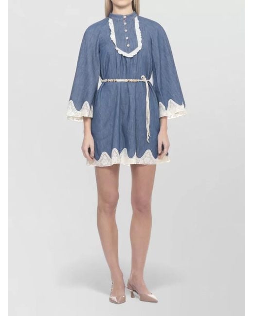 Zimmermann Blue Belted Denim Dress Long Sleeves Scalloped Hem