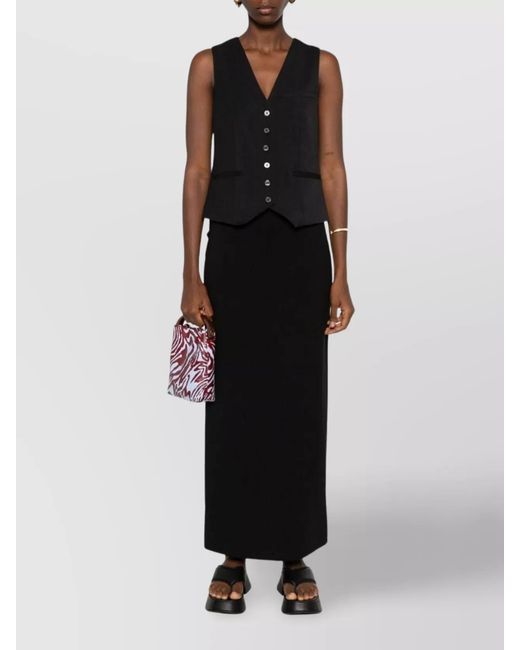 Staud Black Scallop-Waist Long Straight Skirt