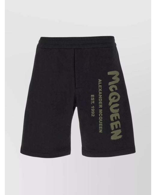 McQueen Black Cotton Printed Bermuda Shorts for men