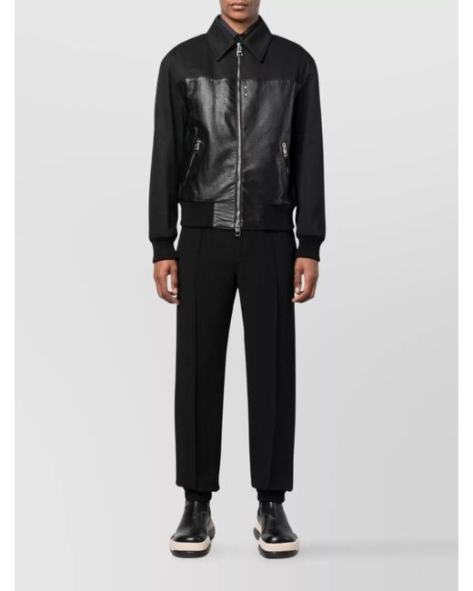 McQueen Black Leather Paneled Bomber Jacket for men