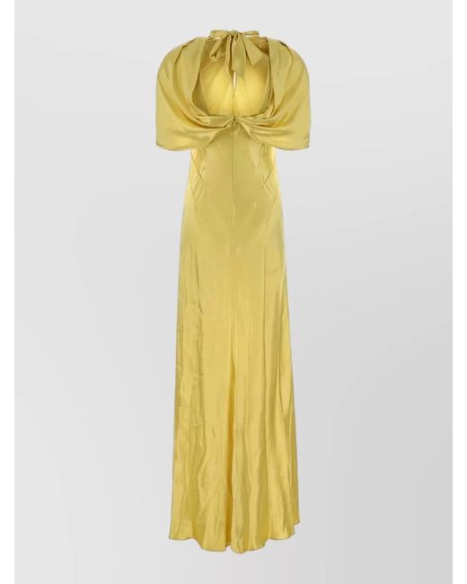 Alberta Ferretti Yellow Satin Long Dress Keyhole Neckline Cape
