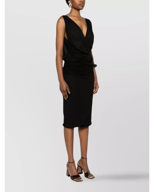 Saint Laurent Black Draped Sleeveless V-Neck Midi Dress