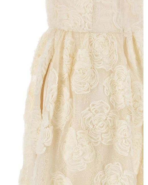 ROTATE BIRGER CHRISTENSEN Natural Floral Mesh Midi Dress Sheer Overlay