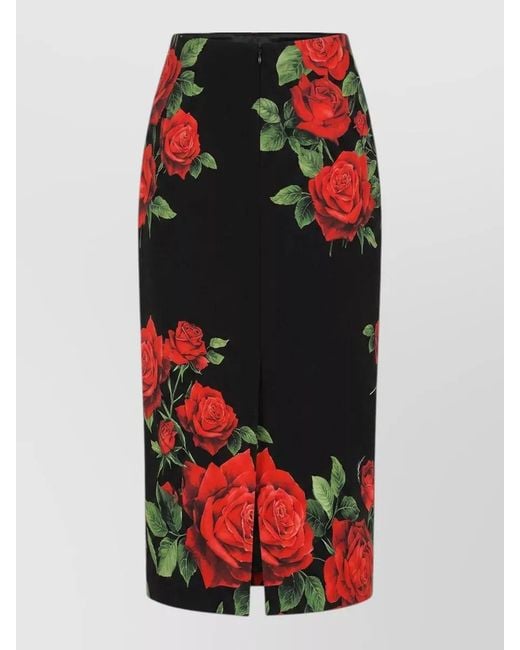 Dolce & Gabbana Red Silk Rose-Print Midi Pencil Skirt