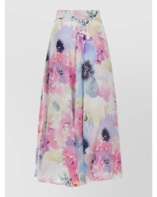 120% Lino Pink Maxi Linen Skirt High Waist Floral
