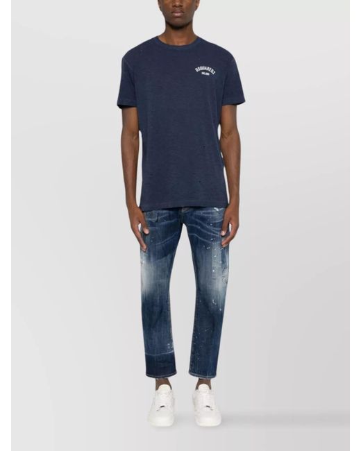 DSquared² Blue Logo Print Distressed Jersey Ribbed Crew Neck Short Sleeve T-Shirt for men