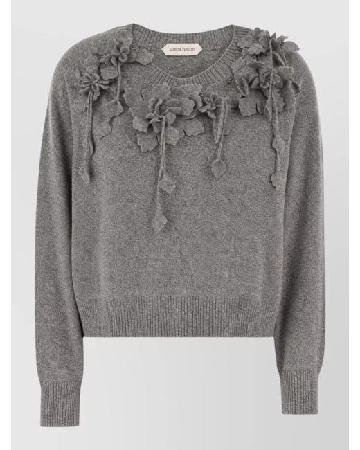 Alberta Ferretti Gray Crew Neck Cropped Top Floral Embellishments