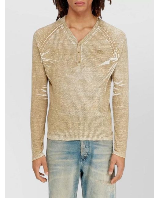 DIESEL White Linen Ribbed V-Neck Long-Sleeve T-Shirt for men