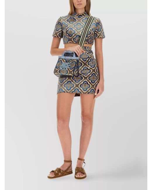 Etro Gray Velvet Abstract-Print Mock-Neck Cropped Top