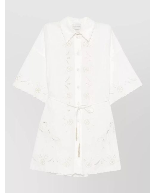Forte_forte White Cotton Shirtdress Crystal Floral Embroidery Tassels