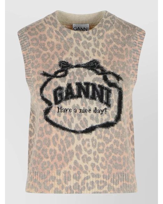 Ganni Natural Leopard Wool Knit Vest