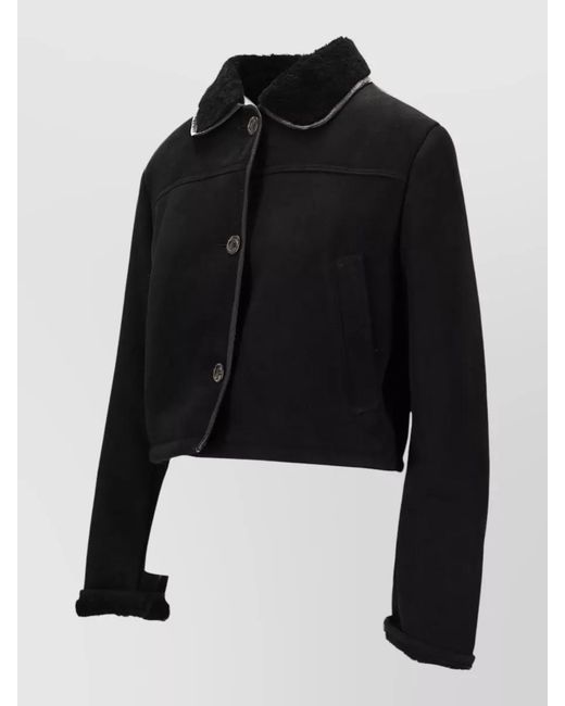 LA ROSE Black Shearling Collar Cropped Leather Jacket