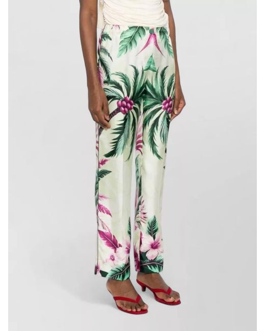 F.R.S For Restless Sleepers White Silk Trousers Tropical Motif Elastic Waist