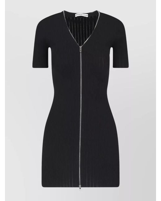 Alexander Wang Black Knee Length Dress Ribbed Texture V Neckline