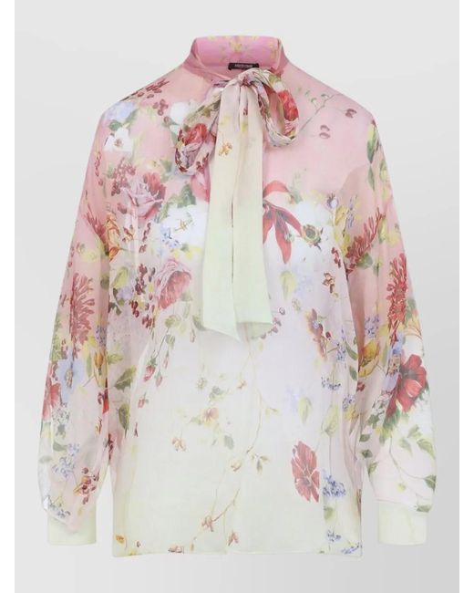 Roberto Cavalli Pink Silk Floral-Print Cutout Long-Sleeve Blouse