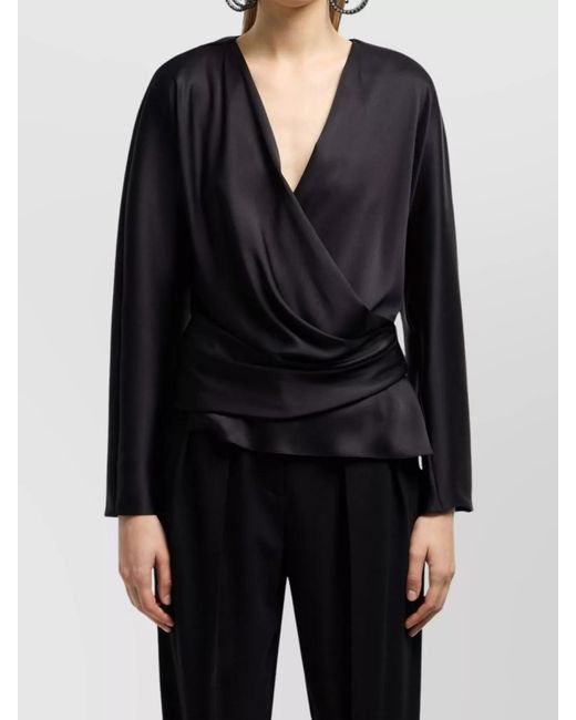 Giorgio Armani Blue Silk Draped V-Neck Long-Sleeve Blouse