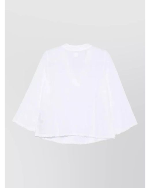 120% Lino White V Neck Blouse Sheer Sequin Flared Sleeves