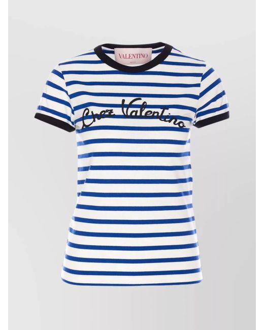Valentino Garavani Blue Striped Crewneck Short Sleeves Top
