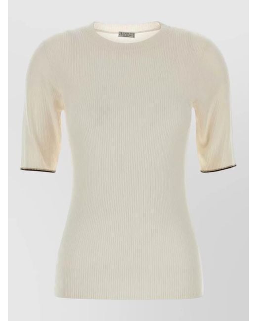 Brunello Cucinelli Natural Cashmere Blend Short Sleeve Ribbed T-Shirt Contrast Trim