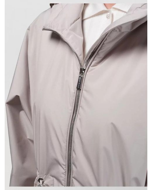 Moorer White Long Hooded Jacket Drawstring Waist Pockets