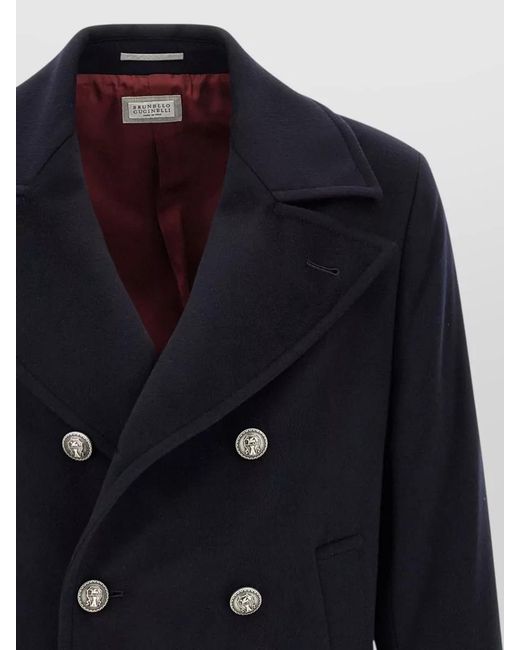 Brunello Cucinelli Blue Wool Double-Breasted Peacoat for men