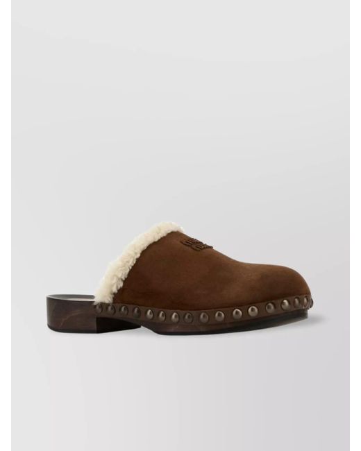 Miu Miu Brown Suede Clogs With Studded Trim And Wooden Sole