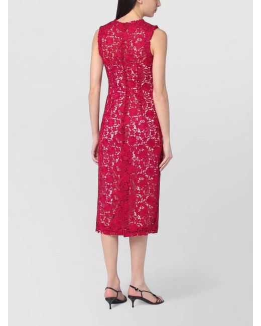 P.A.R.O.S.H. Red Lace Midi Dress Round Neck Sleeveless