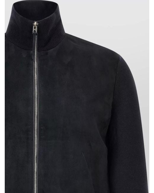 Tom Ford Blue High Collar Mixed Knit Zip Jacket for men