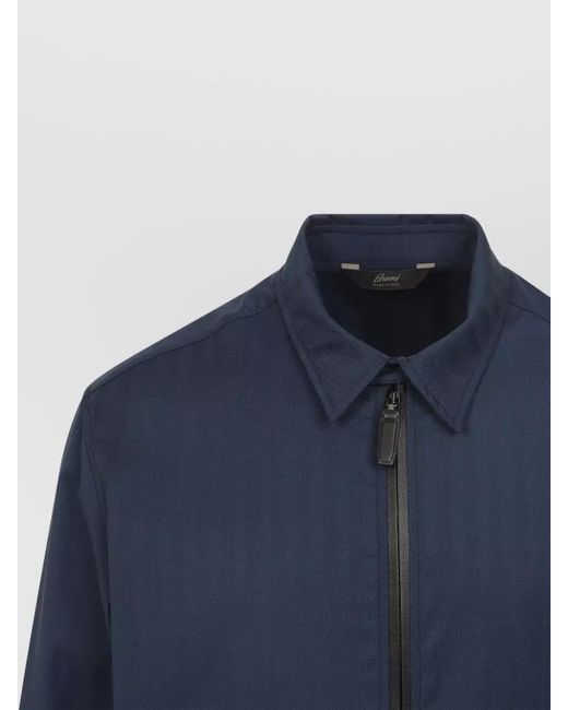 Brioni Blue Wool Jacket Flap Pockets Ribbed Hem for men