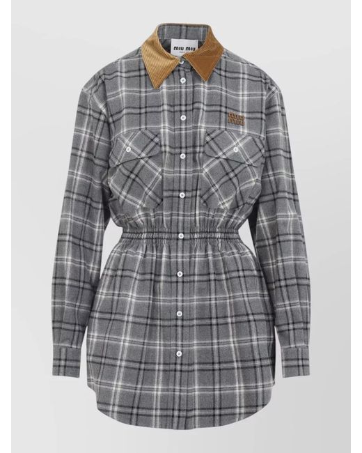 Miu Miu Gray Checked Cotton Long-Sleeve Mini Dress