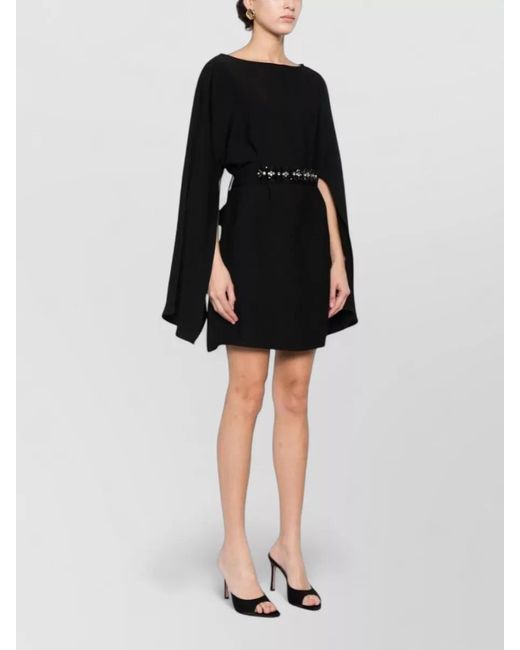 P.A.R.O.S.H. Black Embroidered Appliqué Boat Neck Wide Sleeve Mini Dress