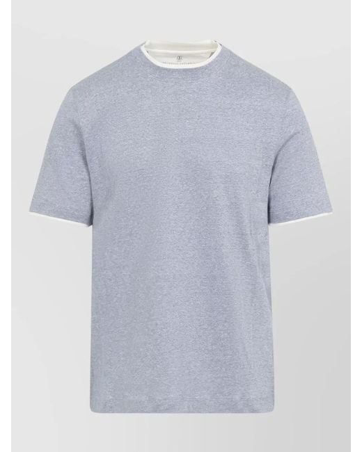 Brunello Cucinelli Blue Cotton Bicolor Faux-Layered Short-Sleeve T-Shirt for men