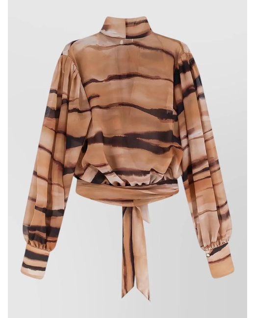 Elisabetta Franchi Brown Cropped Shirt Animalier Print Bow Tie Waist
