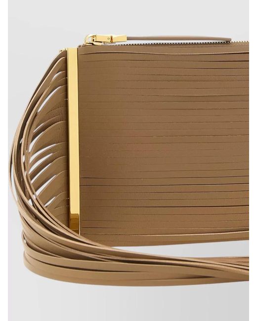 Elisabetta Franchi Natural Fringe Clutch Bag Tone Chain Strap