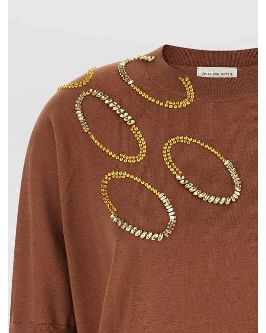 Dries Van Noten Brown Tuan Crew Neck Sweater Embellished Design