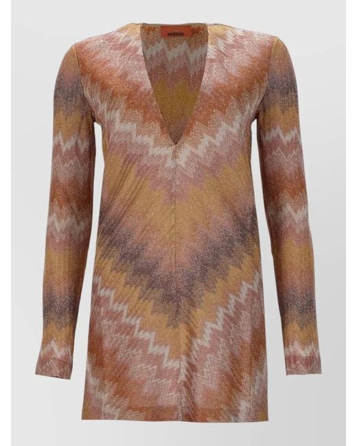 Missoni Brown V Neck Chevron Knit Long Sleeve Dress