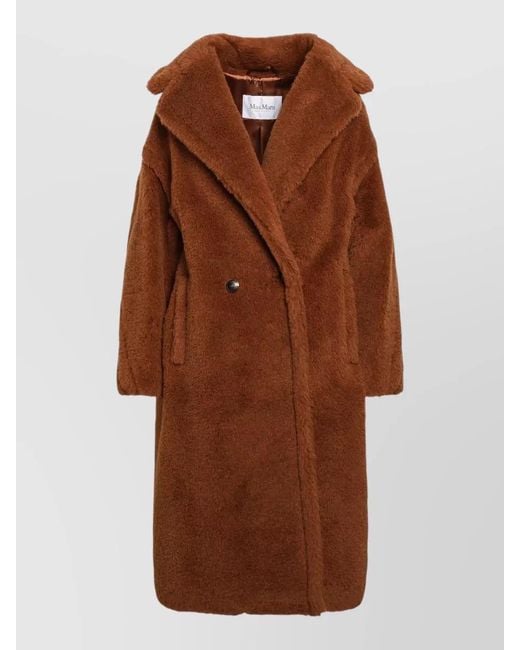 Max Mara Brown Long Jacket Notched Lapels Side Pockets