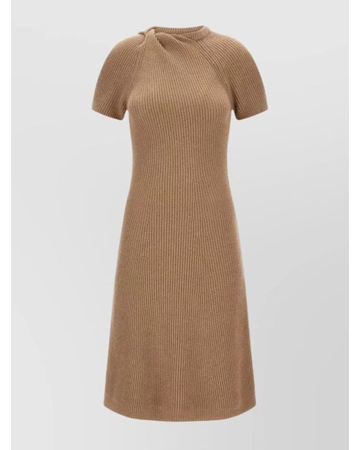 Stella McCartney Natural Ribbed Cable-Knit Short-Sleeve Midi Dress
