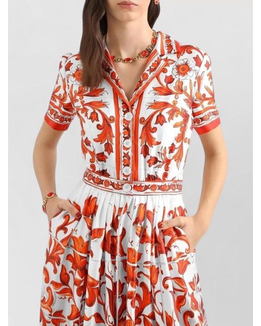 Dolce & Gabbana Red Silk Majolica Print Midi Dress