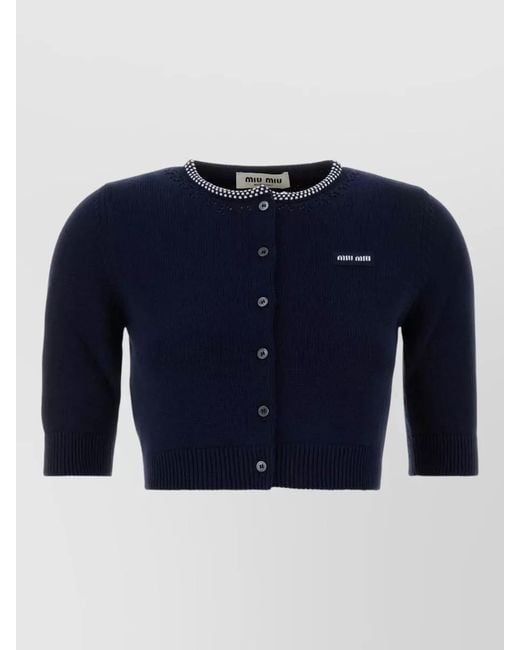 Miu Miu Blue Cotton Cardigan Contrast Trim Ribbed Hem