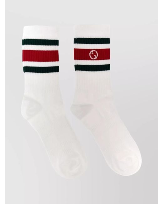 Gucci White Web Logo Striped Ribbed Mid-Calf Socks for men