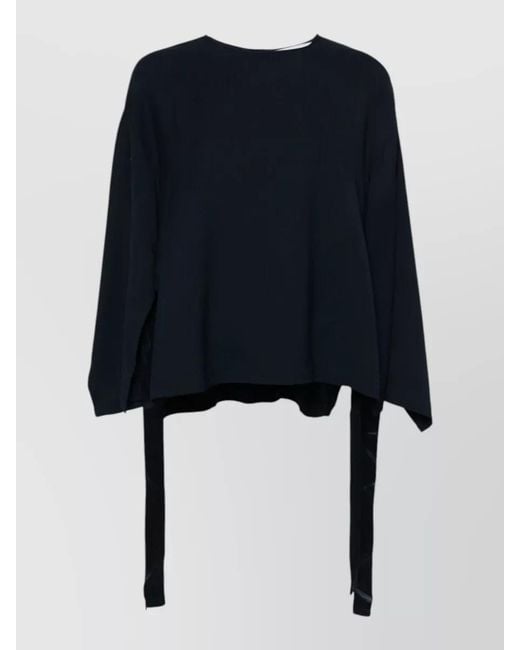 Erika Cavallini Semi Couture Blue Cady Texture Blouse Crew Neck Wide Sleeves