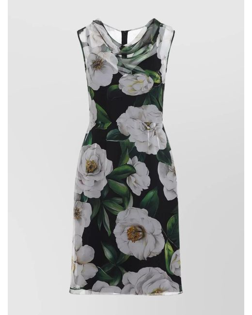 Dolce & Gabbana Gray Silk Floral-Print Cowl-Neck Sleeveless Midi Dress