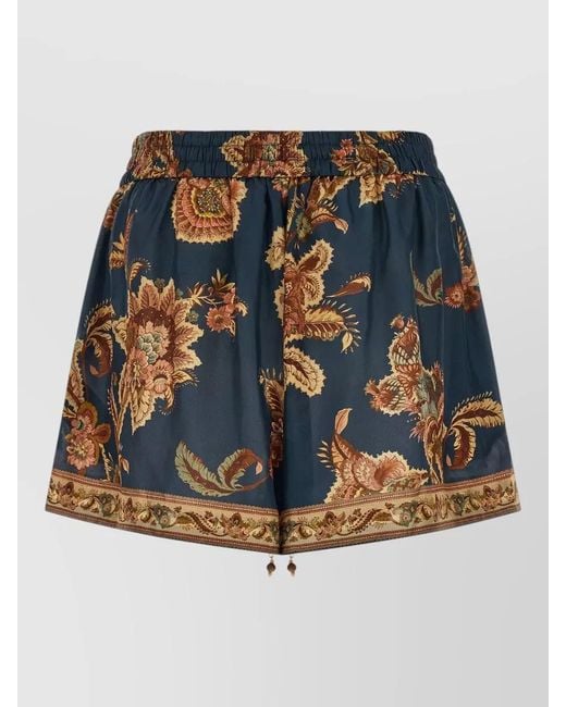 Zimmermann Blue Aster Shorts Elastic Waistband Floral Trim Pockets