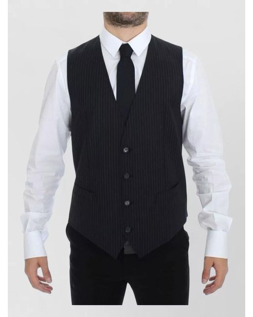 Dolce & Gabbana Blue Wool Pinstripe V-Neck Dress Vest for men