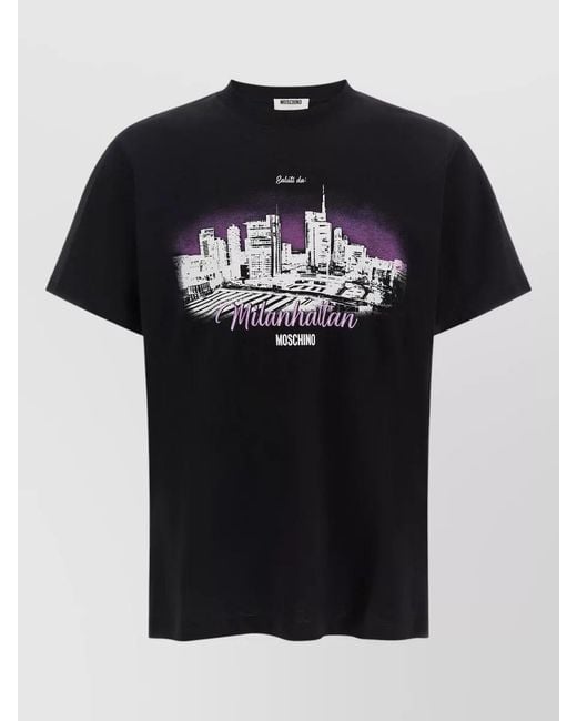 Moschino Black Milanhattan Crew Neck Graphic Print T-Shirt for men